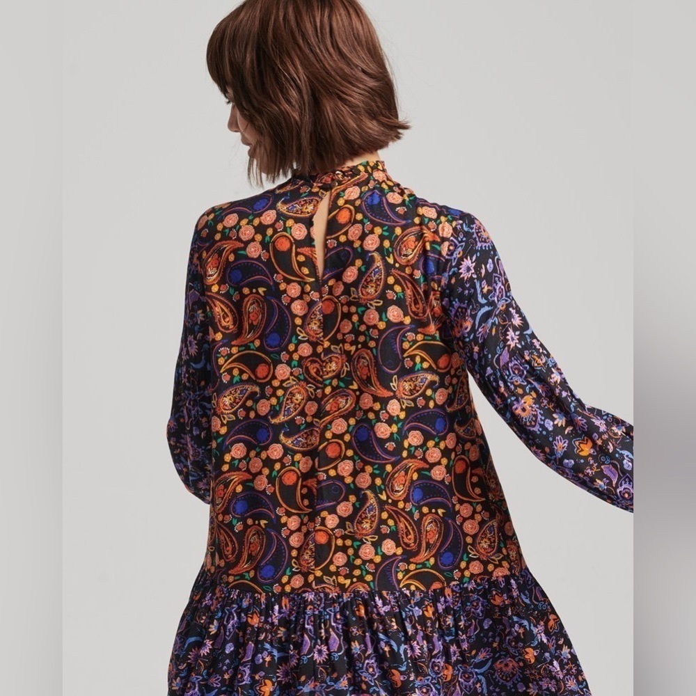 Superdry Multicolor Paisley High Neck Long Sleeve Cottagecore Boho Mini Dress - Picture 2 of 15